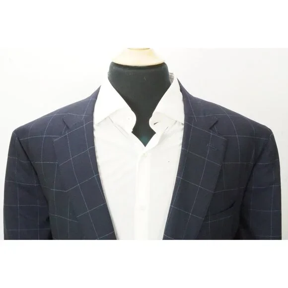 Isaia Napoli 130s Ply Wool Navy Blue Windowpane Sport Coat Jacket 56R NEW